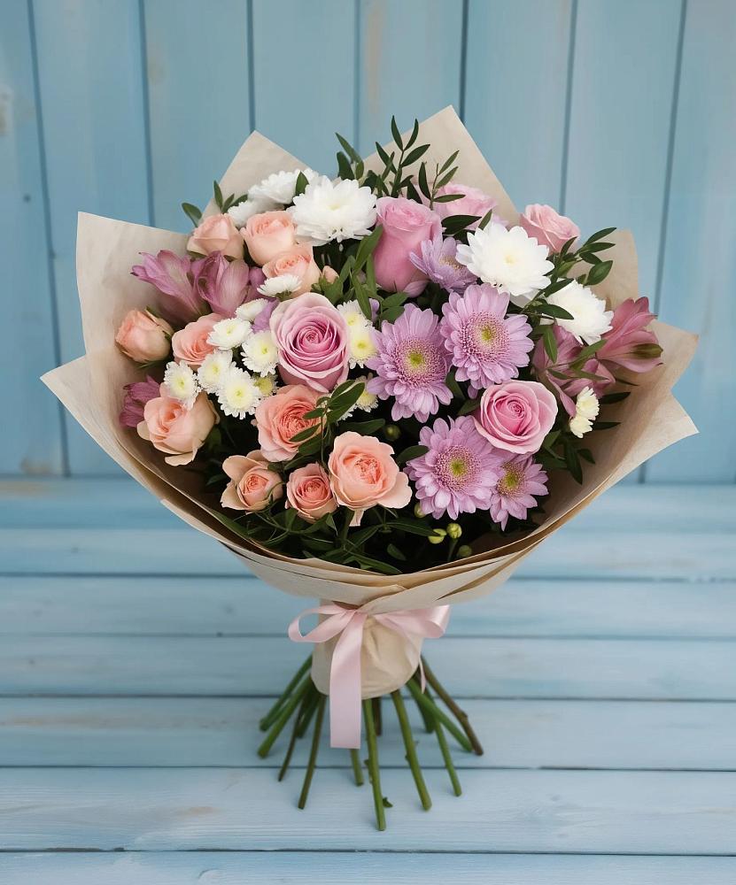 Букет цветов из: Хризантемы, Розы и Альстромерии в Конаково