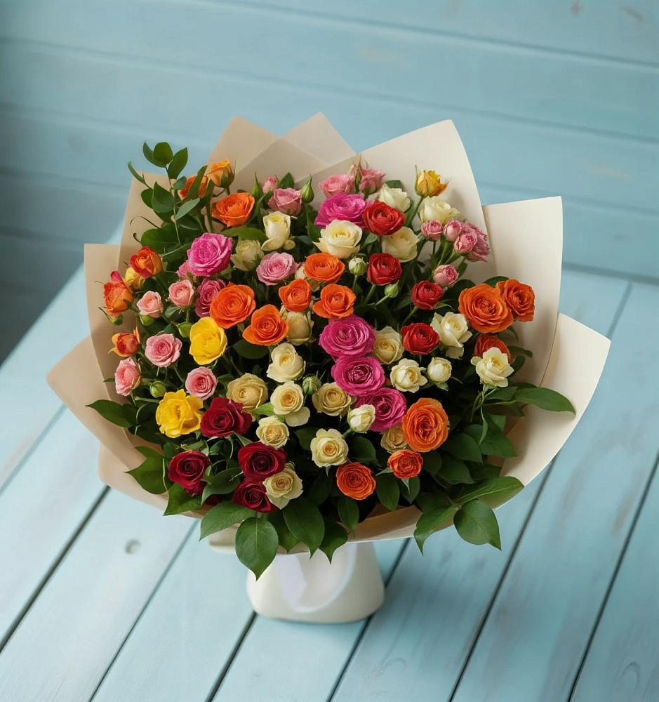 Букет Микс из разноцветных кустовых роз в Конаково