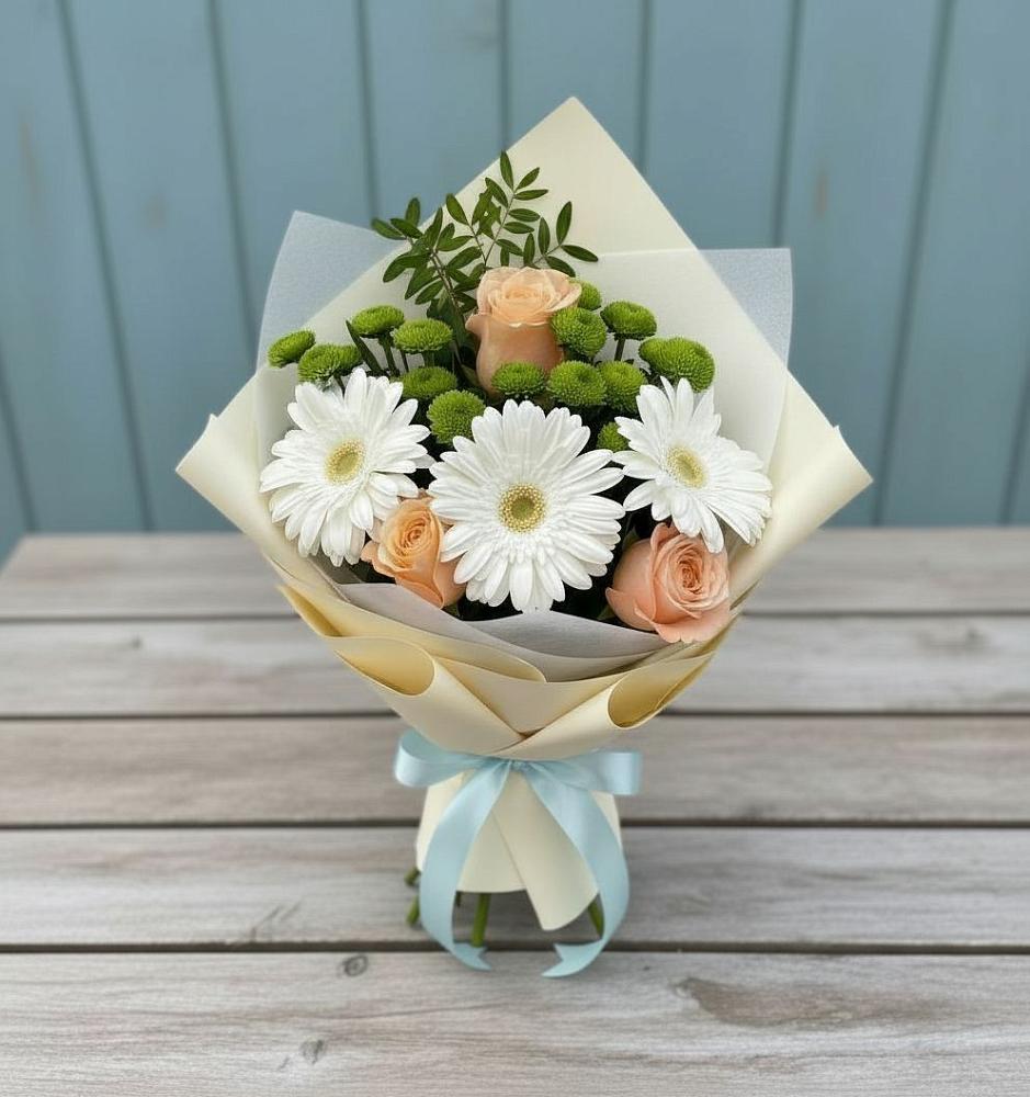 Букет цветов из: Герберы, Розы и Хризантемы в Конаково