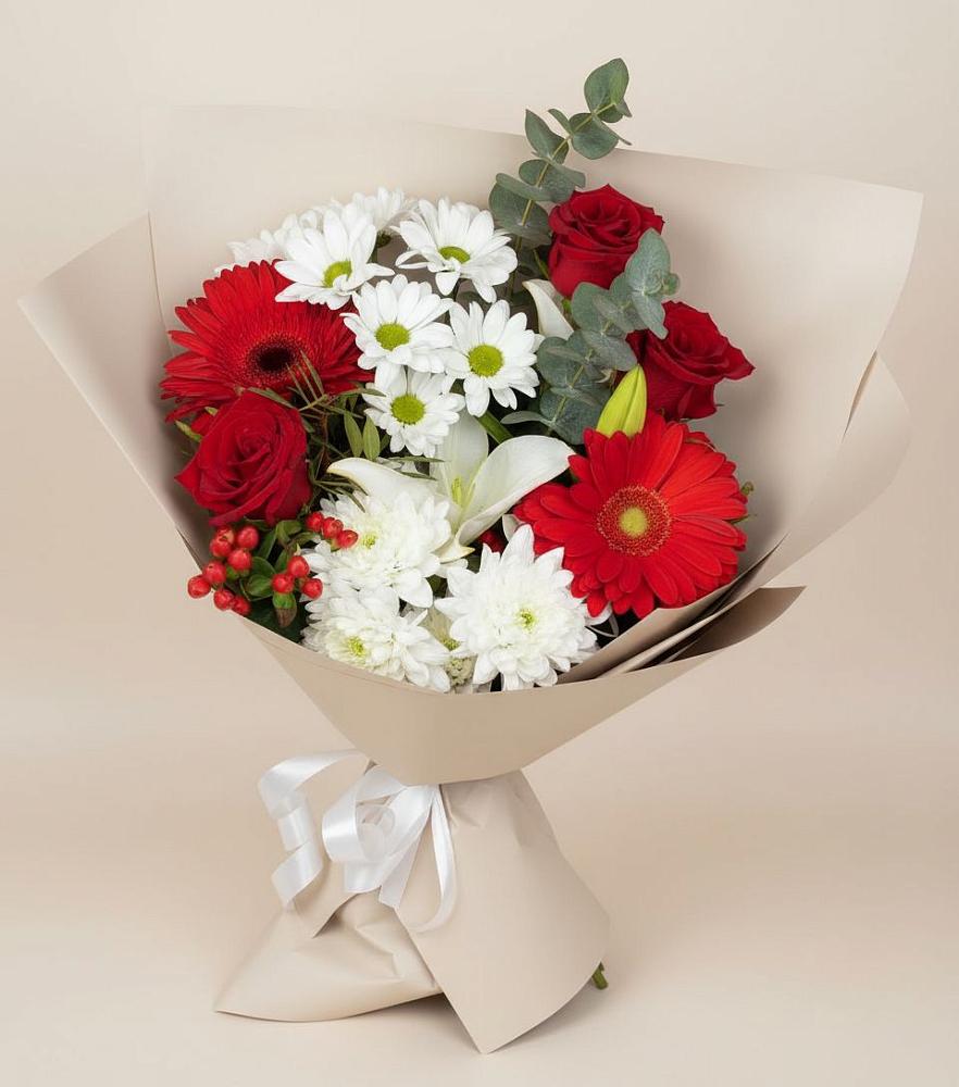 Букет цветов из: Розы, Хризантемы, Герберы и Лилии в Конаково