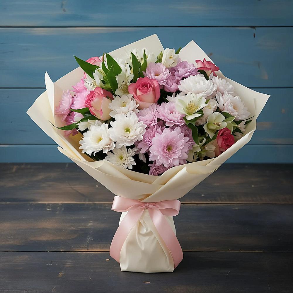 Букет цветов из: Хризантемы, Альстромерии и Розы в Конаково